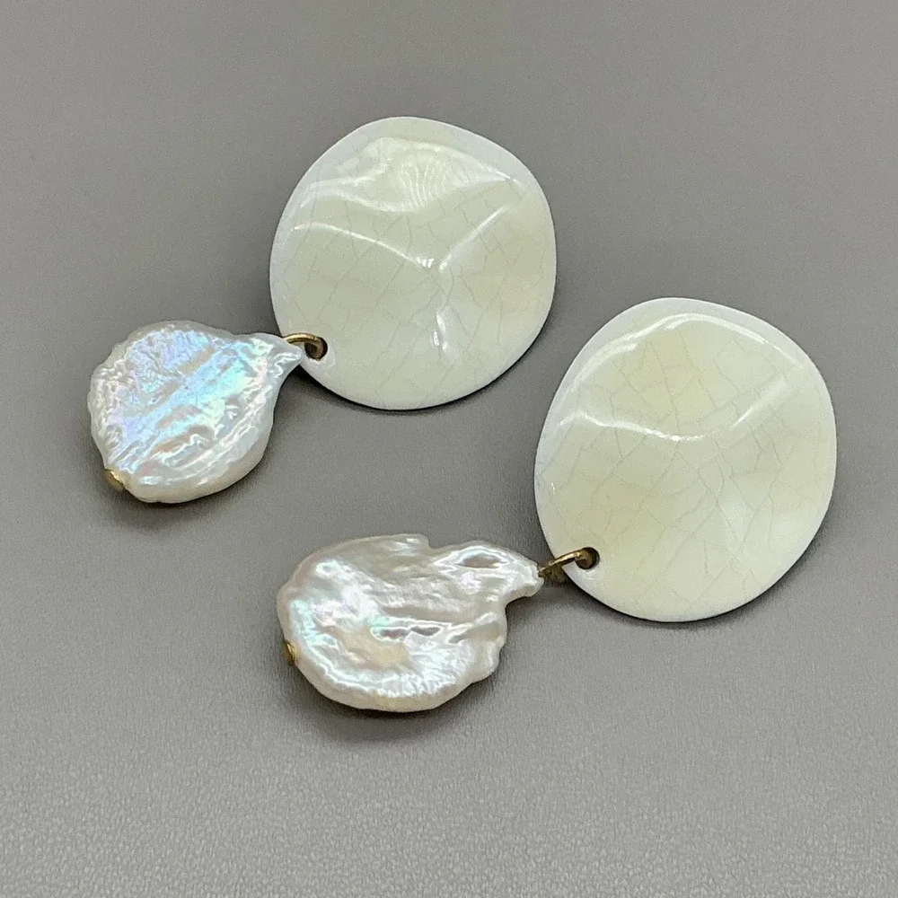 J.Crew Earrings White Crackle Resin & Baroque Pearl Drop Statement Earrings